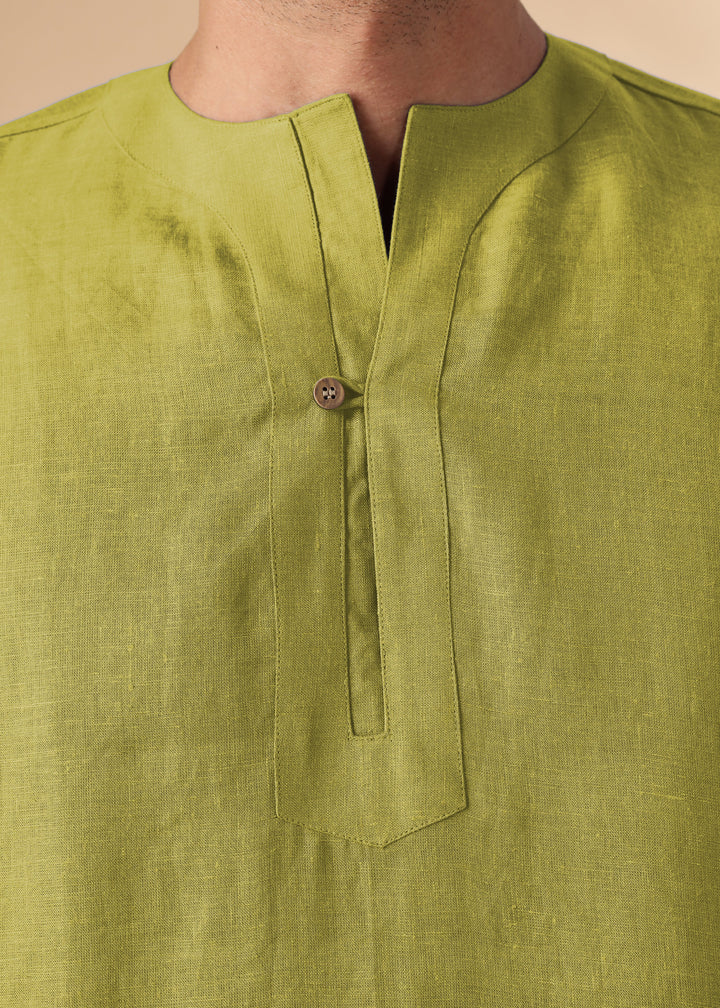 Zuri - Full Sleeve Pure Linen Short Kurta - Sap Green
