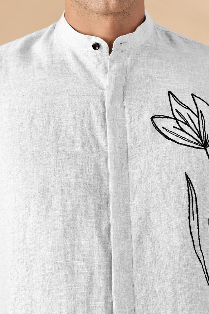 Amari - Pure Linen Short Sleeve Shirt with Floral Embroidery - White