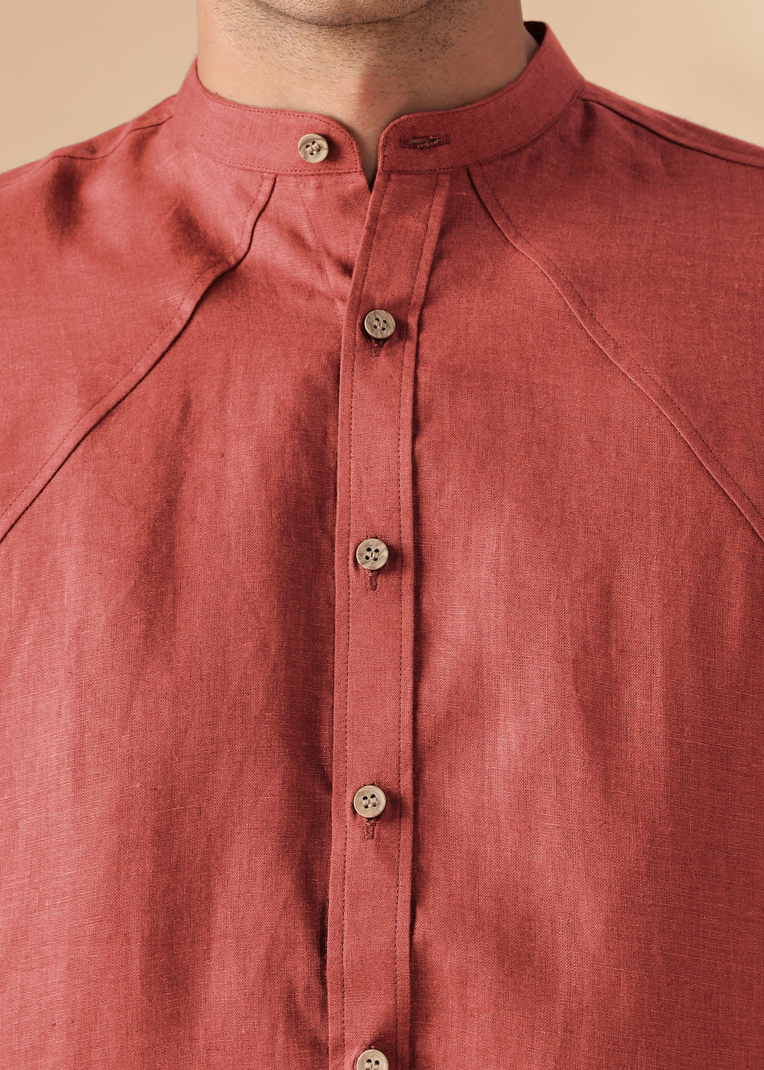 Rustler - Pure Linen Full Sleeve Shirt with Band Collar - Terracotta Red