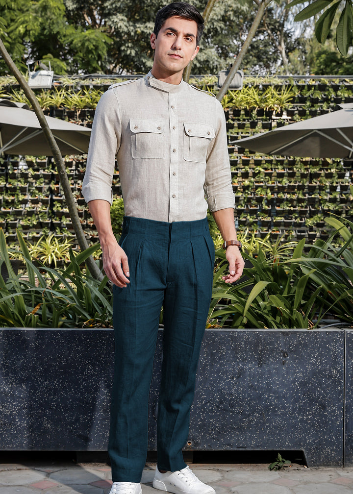 Dollar - Pure Linen Pleated Trousers with Adjustable Waistband – Deep Sea Blue