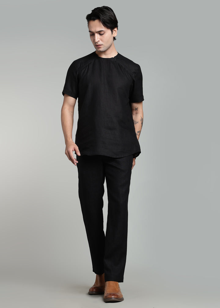 Drake - Pure Linen Trousers With Elastic Waist Band, Drawcord & Zipper - Black