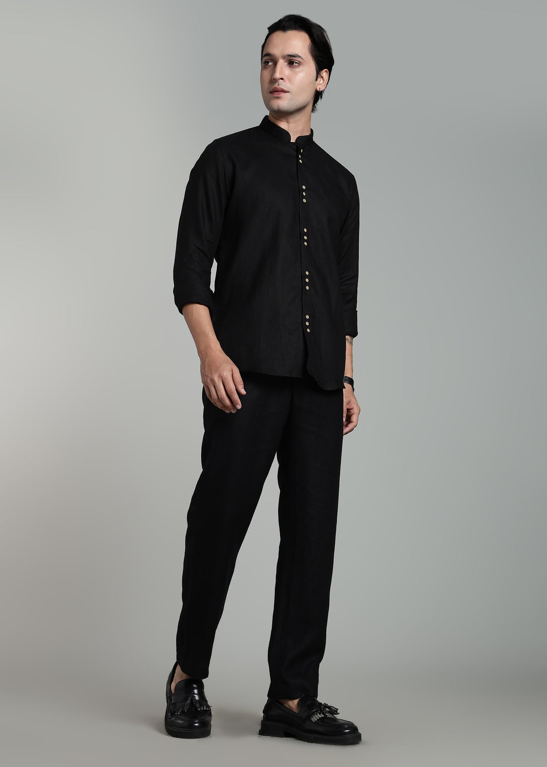 Flint - Pure Linen Shirt with Mandarin Collar & Trio Button Detail - Black