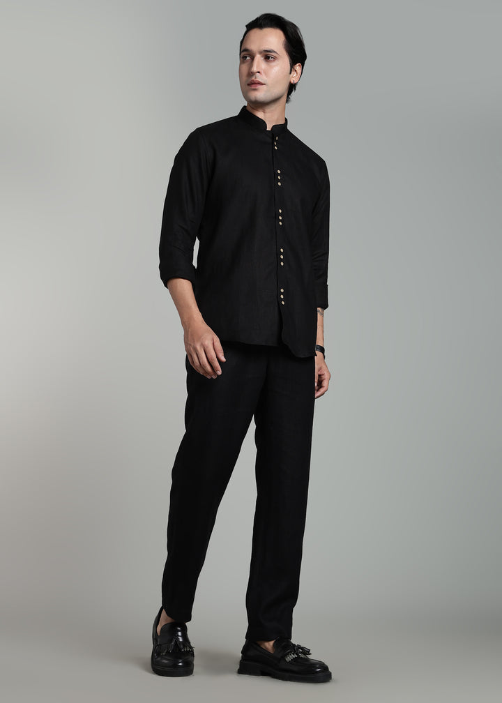 Flint - Pure Linen Shirt with Mandarin Collar & Trio Button Detail - Black