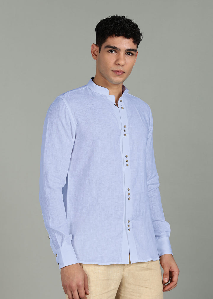 Flint - Pure Linen Shirt with Mandarin Collar & Trio Button Detail - Periwinkle Blue