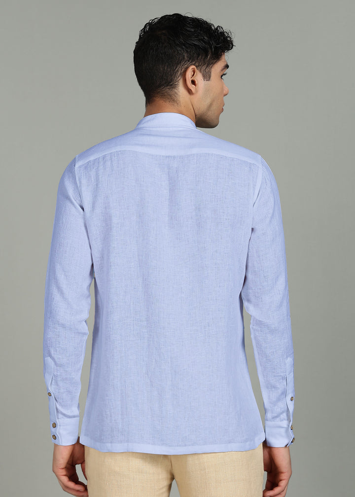 Flint - Pure Linen Shirt with Mandarin Collar & Trio Button Detail - Periwinkle Blue