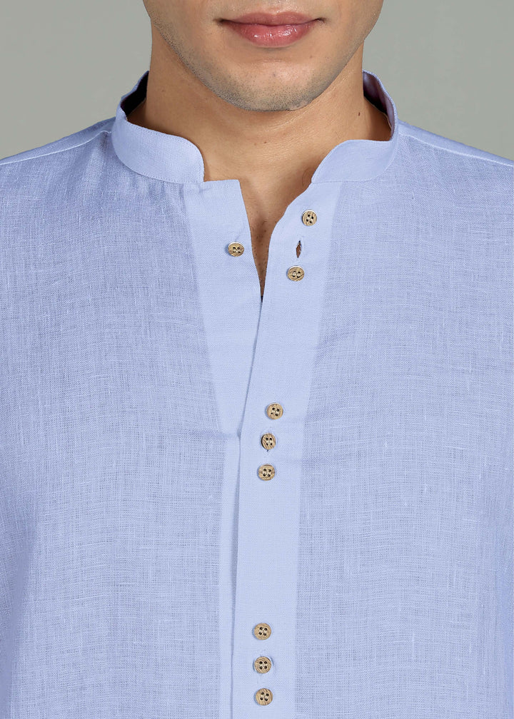Flint - Pure Linen Shirt with Mandarin Collar & Trio Button Detail - Periwinkle Blue