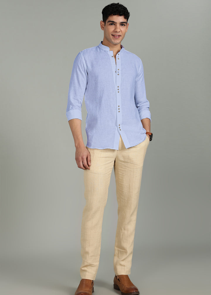 Flint - Pure Linen Shirt with Mandarin Collar & Trio Button Detail - Periwinkle Blue