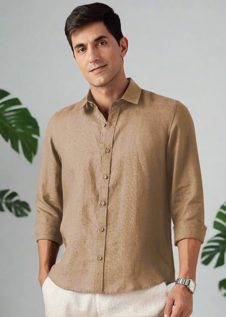 Ron - Pure Linen Full Sleeve Shirt - Mocha