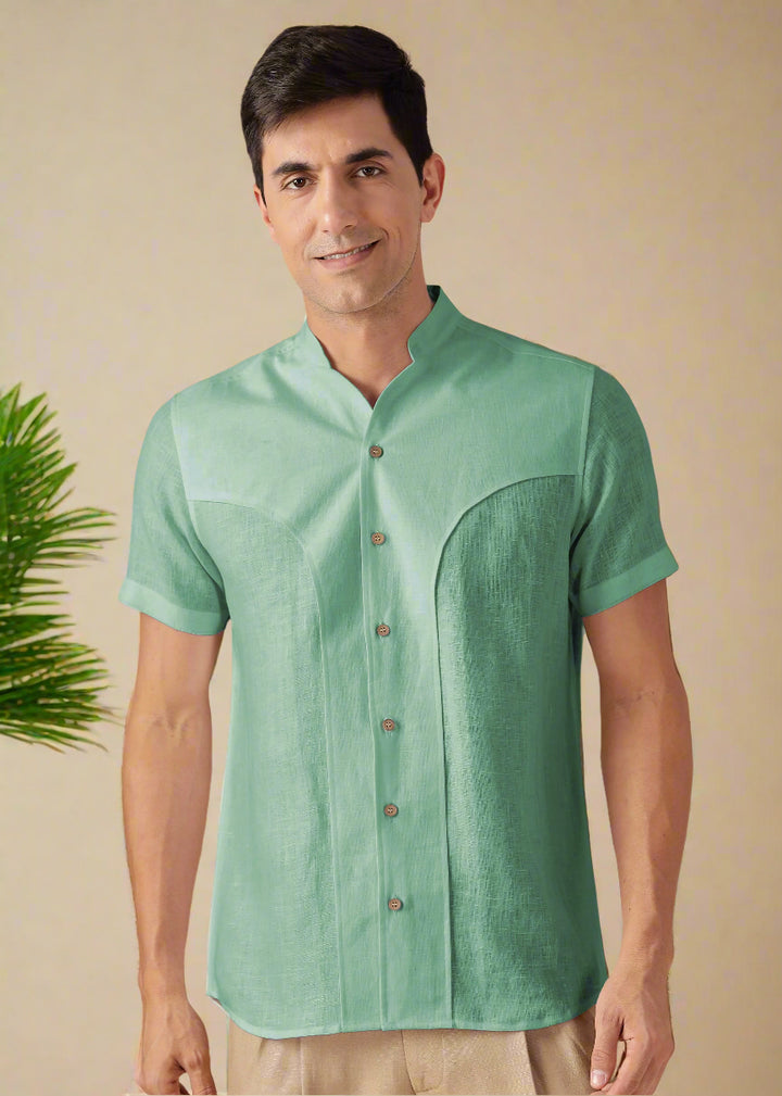 Omega - Pure Linen Short Sleeve Shirt with Band Collar - Spring Green