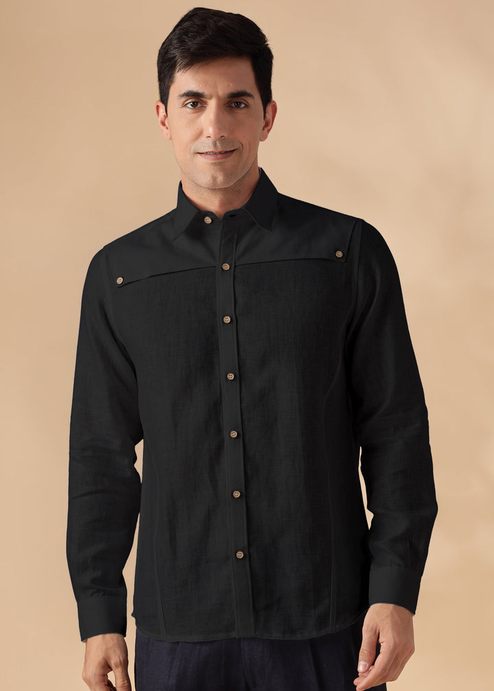 Bronco - Pure Linen Full Sleeve Shirt with Detachable Front Yoke - Black