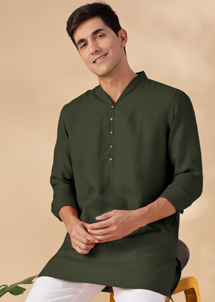 Taran Kurta - Half Placket Pure Linen Kurta - Moss Green