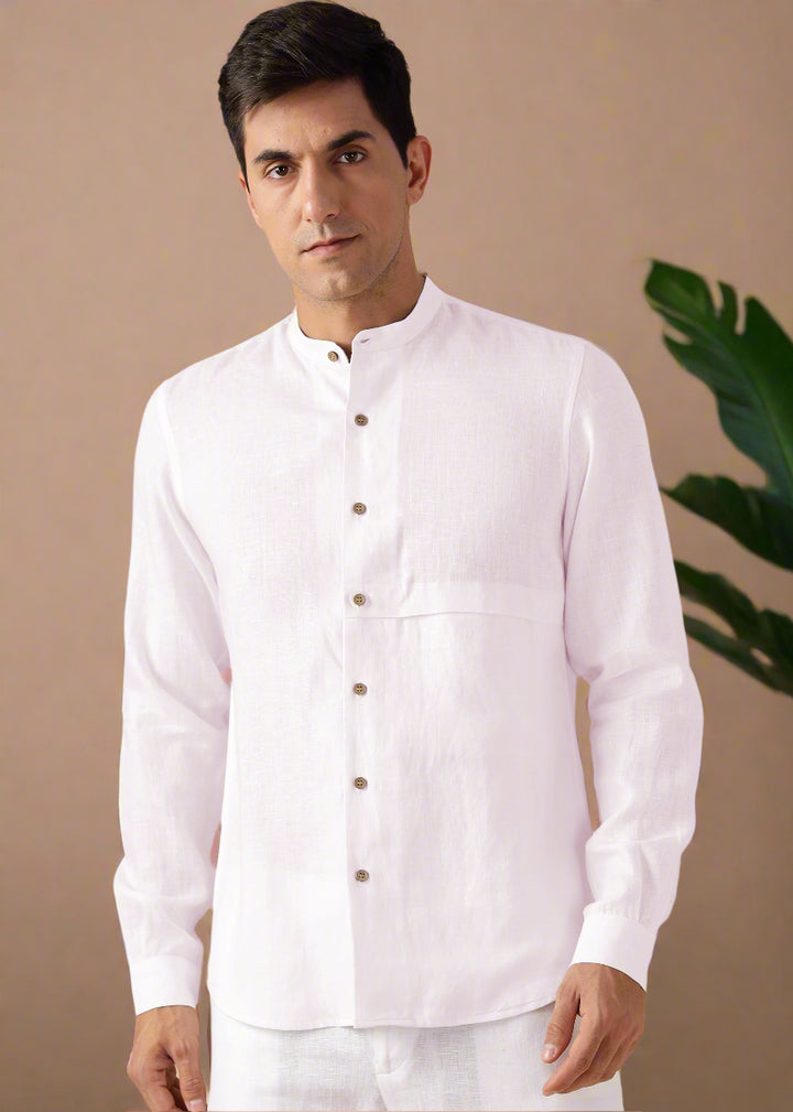 Drae Korean Shirt - Pure Linen Full Sleeve Shirt with Band Collar - Light Pink