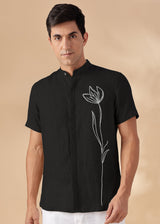 Amari - Pure Linen Short Sleeve Shirt with Floral Embroidery - Black
