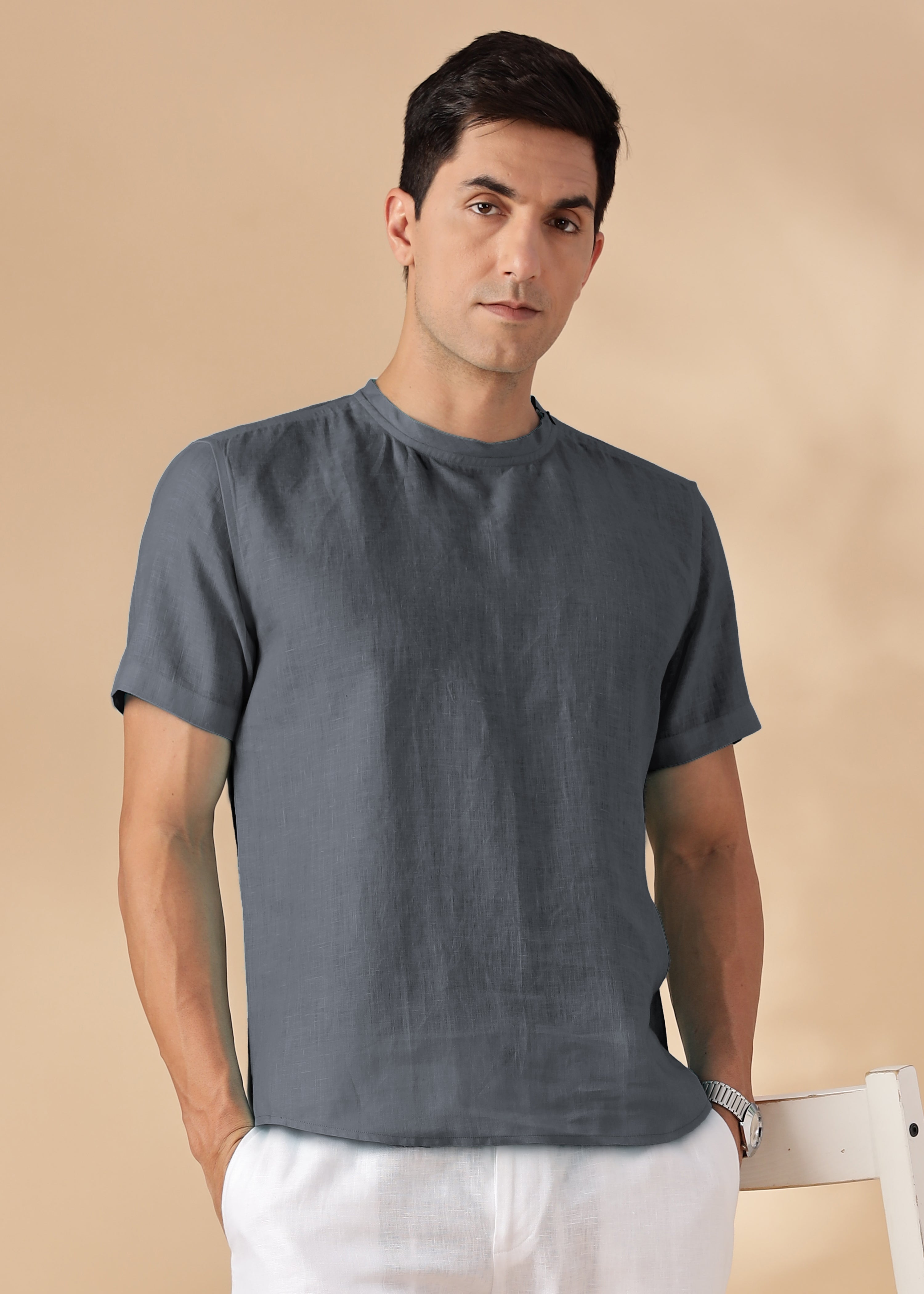 Charcoal Grey Pure Linen Colour Block Short Sleeve T-Shirt – Linen
