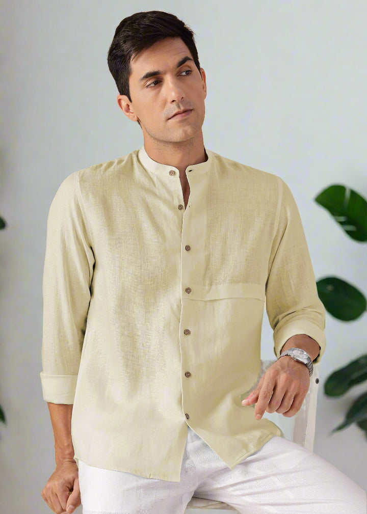 Drae Korean Shirt - Pure Linen Full Sleeve Shirt with Band Collar - Oyster Yellow