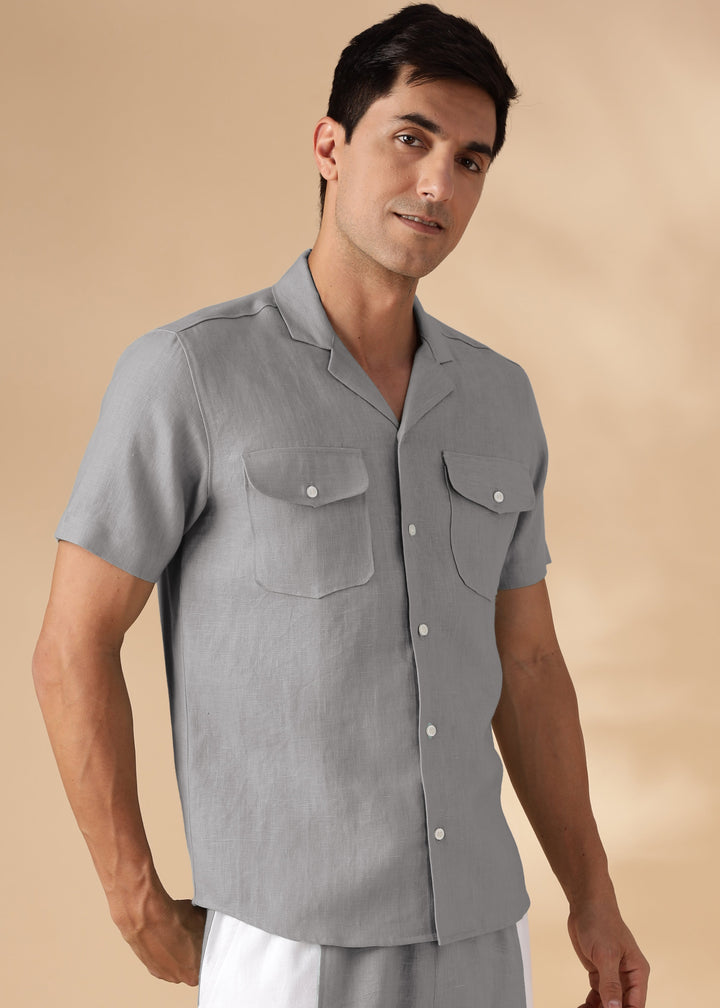 Dune - Cuban Collar Pure Linen Half Sleeve Shirt - Steel Grey