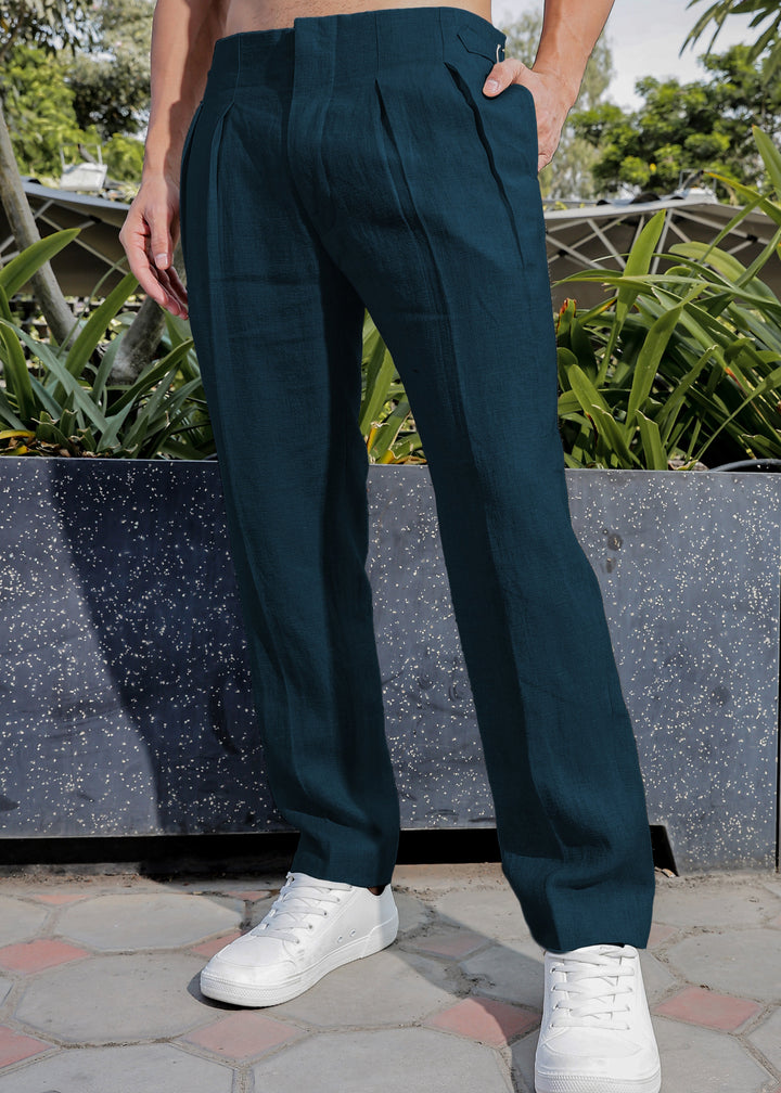 Dollar - Pure Linen Pleated Trousers with Adjustable Waistband – Deep Sea Blue