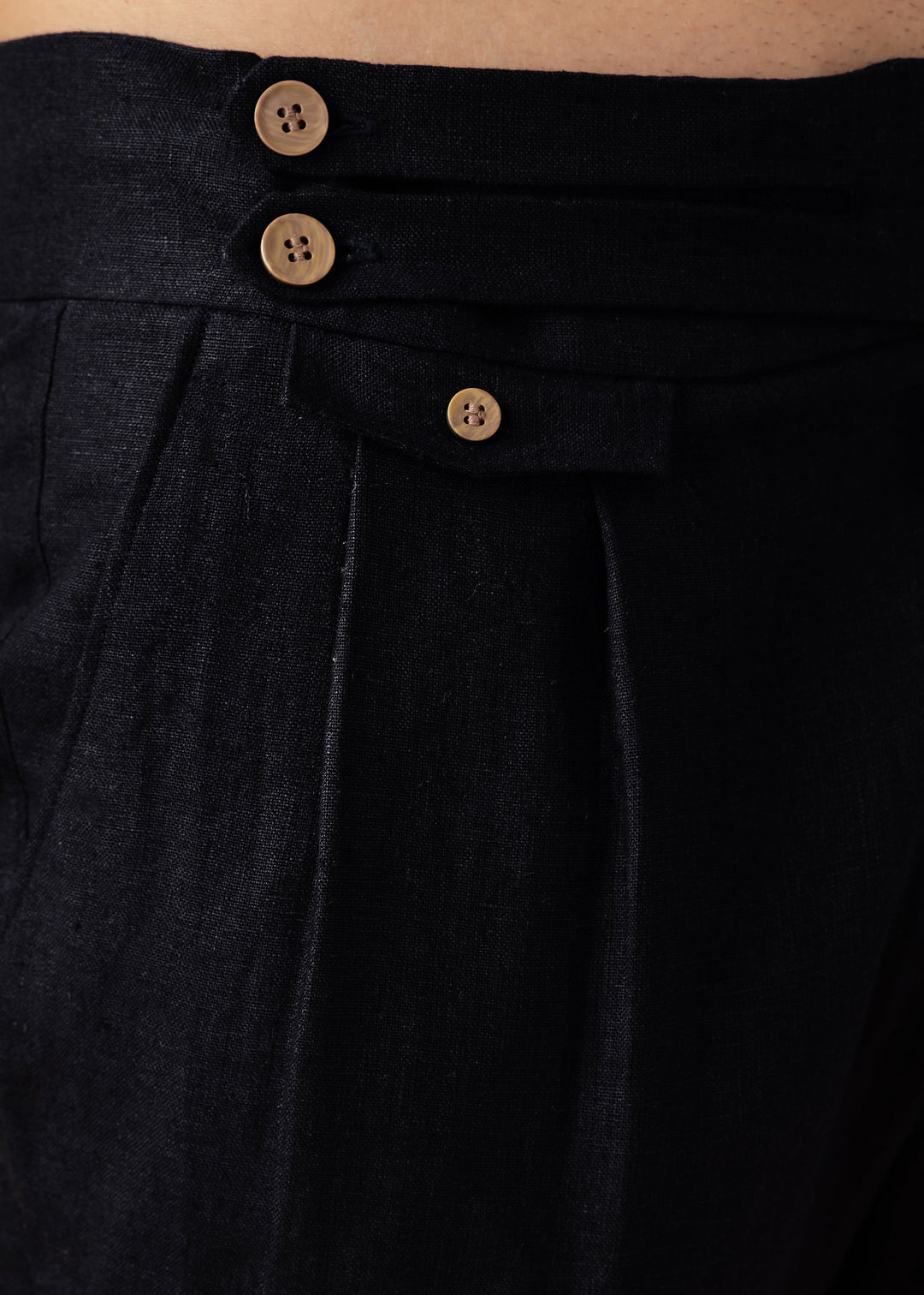 Liv - Pure Linen Double Pleated with Overlap Button Detail Trousers - Black