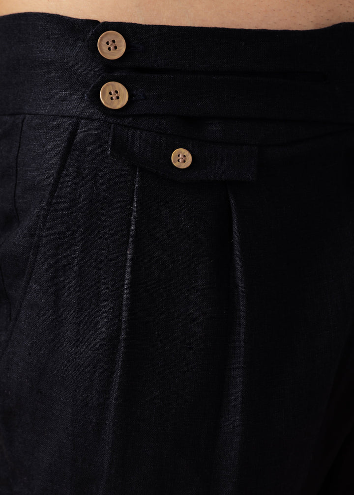 Liv - Pure Linen Double Pleated with Overlap Button Detail Trousers - Black