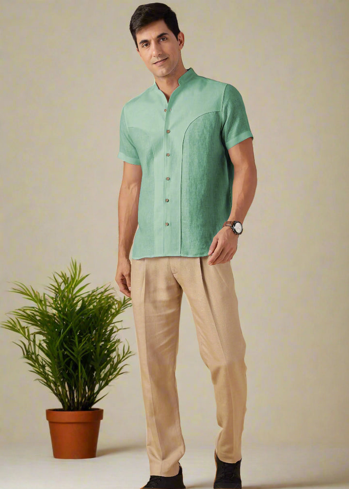 Omega - Pure Linen Short Sleeve Shirt with Band Collar - Spring Green