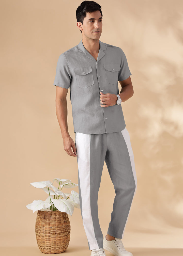 Dune - Cuban Collar Pure Linen Half Sleeve Shirt - Steel Grey