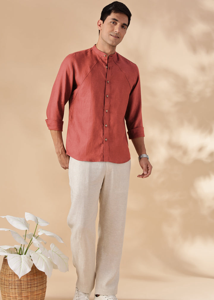 Rustler - Pure Linen Full Sleeve Shirt with Band Collar - Terracotta Red