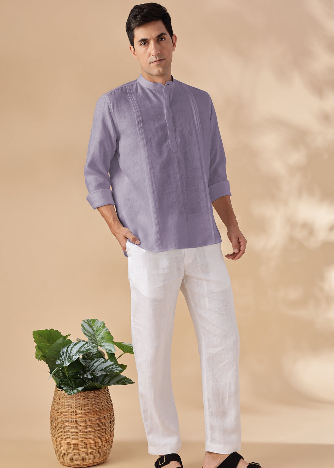 Marsh - Full Sleeve Pure Linen Short Kurta with Space Pleates - Misty Lilac