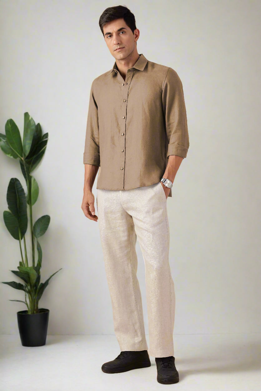 Ron - Pure Linen Full Sleeve Shirt - Mocha