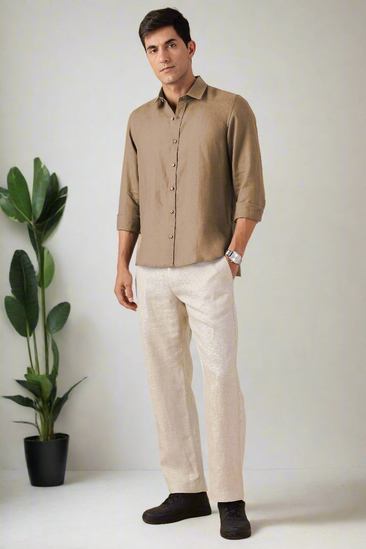 Ron - Pure Linen Full Sleeve Shirt - Mocha