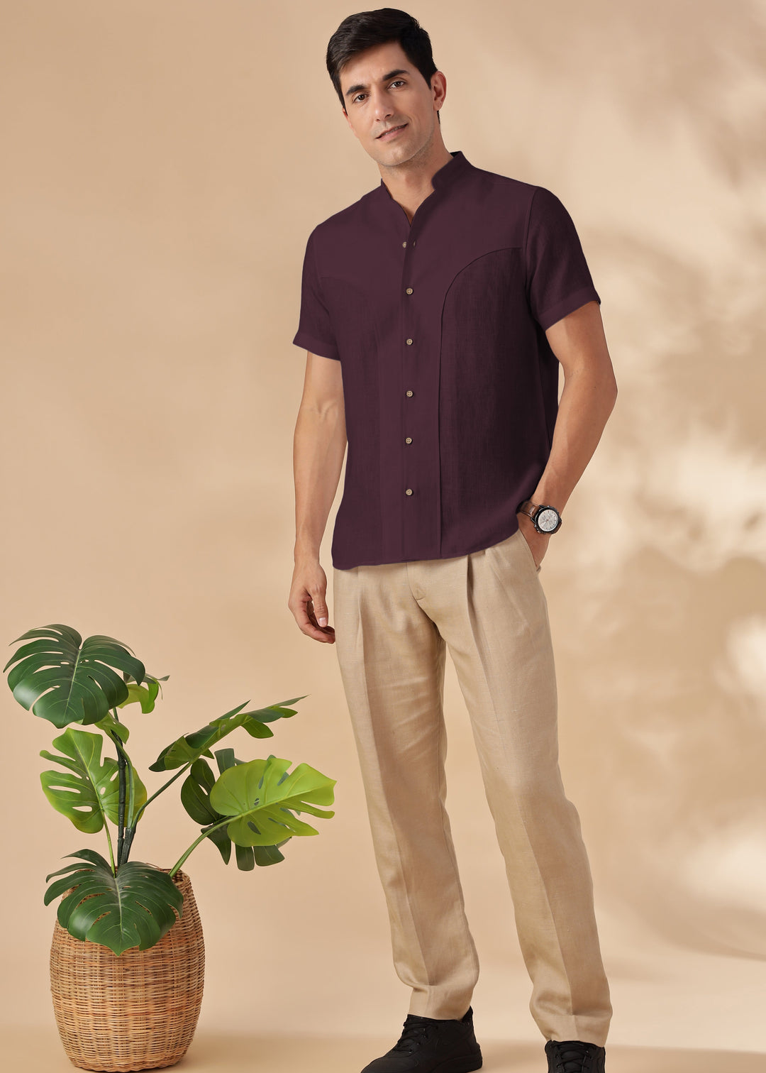 Omega - Pure Linen Short Sleeve Shirt with Band Collar - Dark Purple