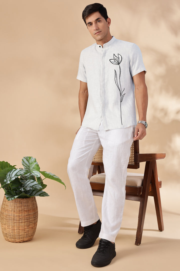 Amari - Pure Linen Short Sleeve Shirt with Floral Embroidery - White