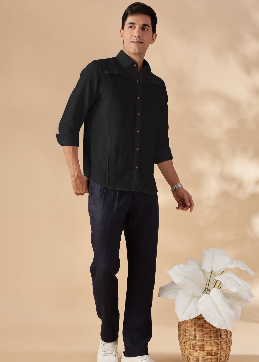 Bronco - Pure Linen Full Sleeve Shirt with Detachable Front Yoke - Black
