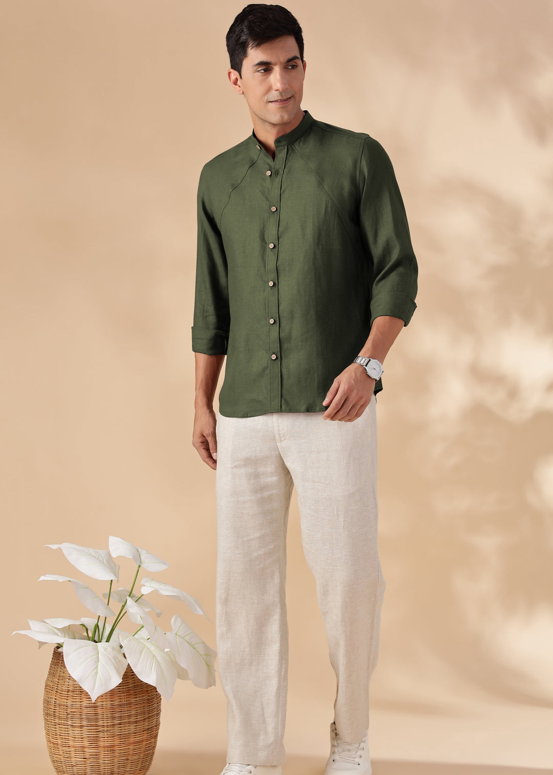 Rustler - Pure Linen Full Sleeve Shirt with Band Collar - Moss Green