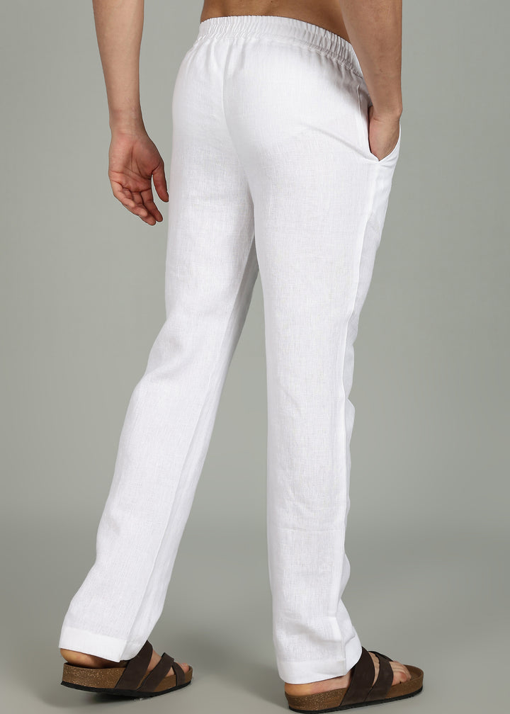 100% pure linen white pants in 25 LEA worn by a person on a gray background