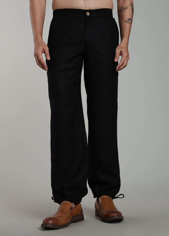 Ink - Pure Linen Relaxed Trousers with  Adjustable Hem Ties – Black