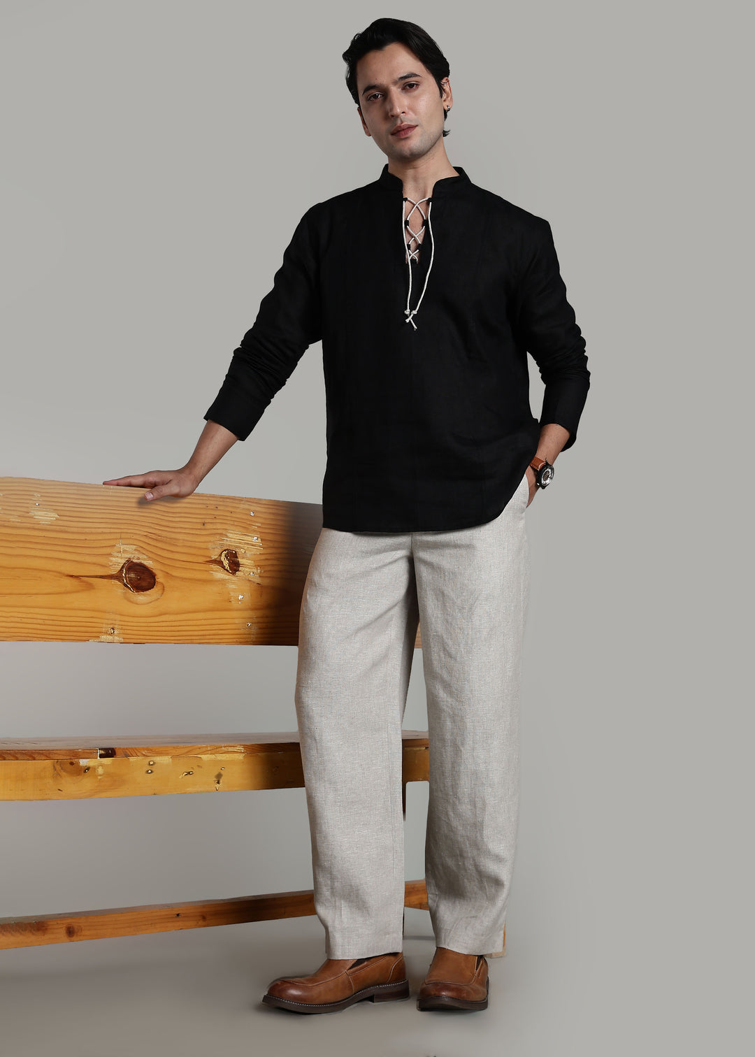 Kiaan - Pure Linen Short Kurta with Neck Tie Detail - Black