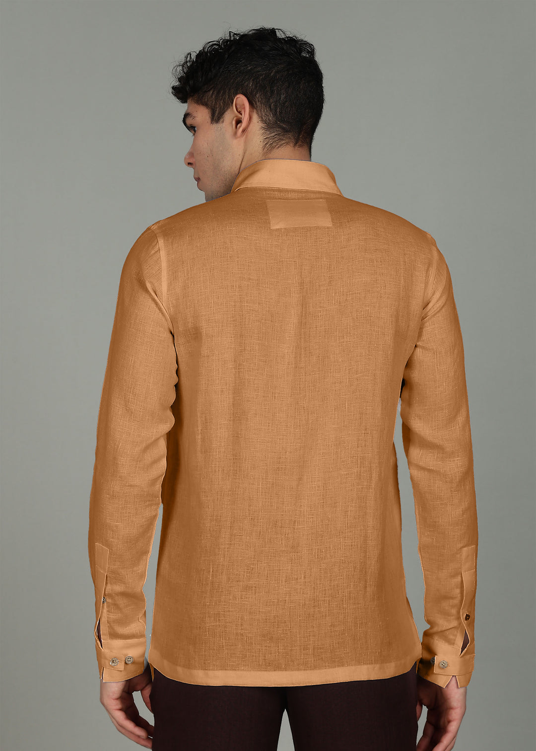 Miles - Pure Linen Shirt with Extended Cuff Detail - Mustard Brown