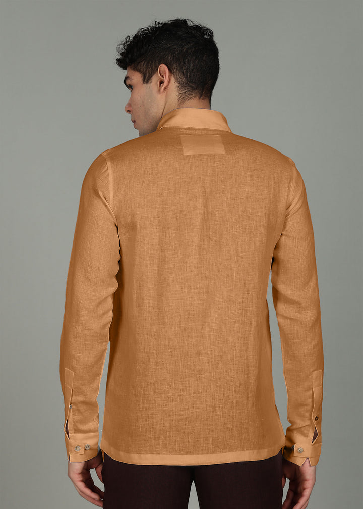 Miles - Pure Linen Shirt with Extended Cuff Detail - Mustard Brown