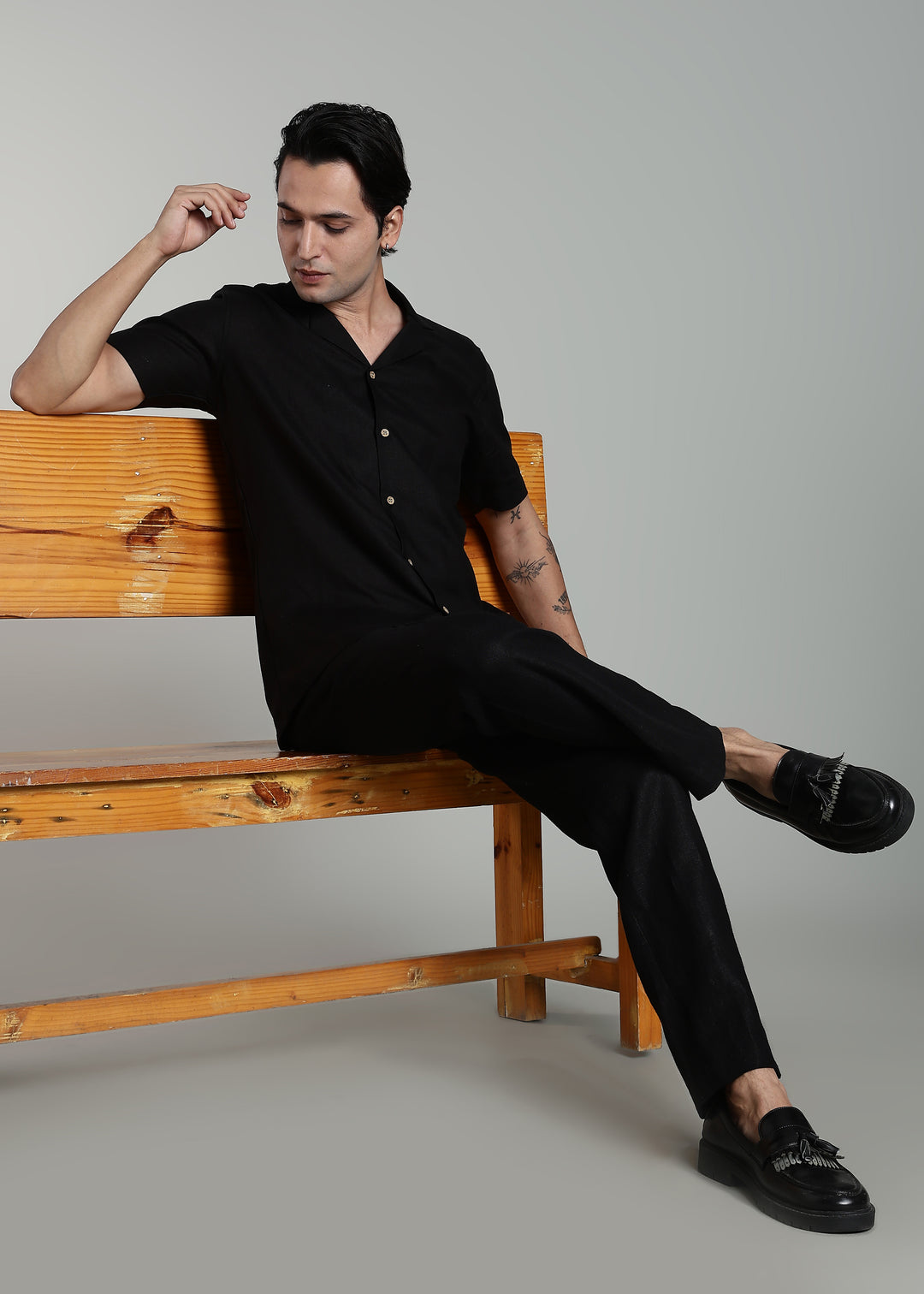 Nathan - Cuban Collar Pure Linen Half Sleeve Shirt - Black