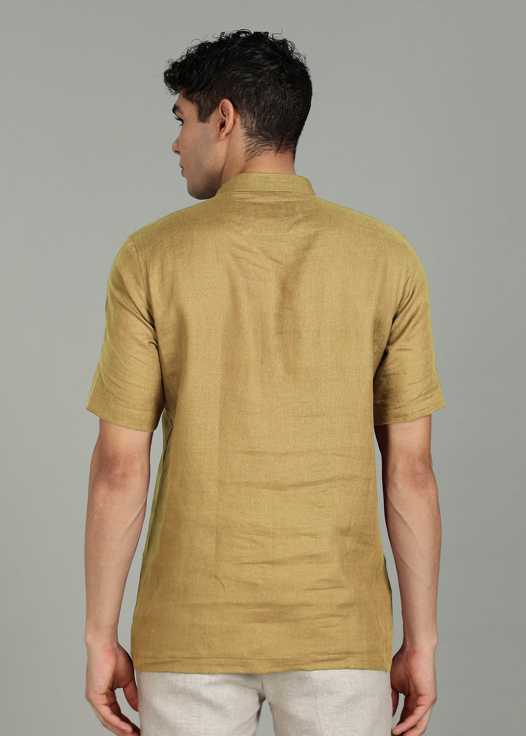Neo - Pure Linen Shirt with Mandarin Collar & Hidden Placket - Golden Olive Green