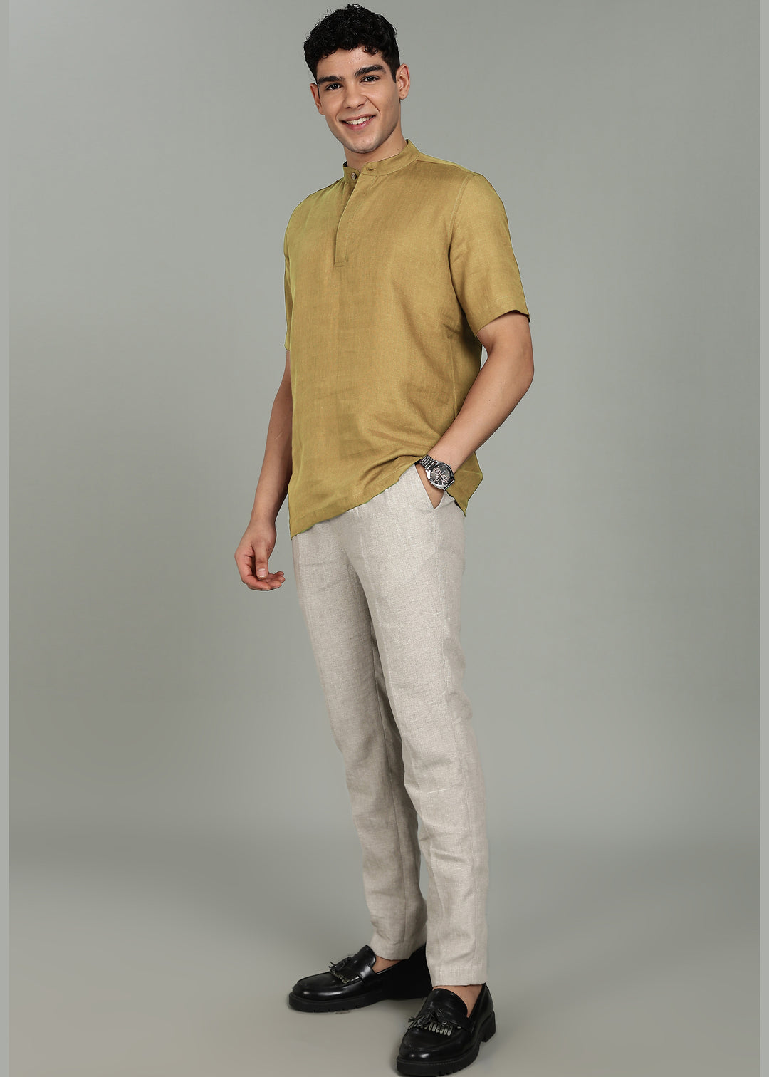 Neo - Pure Linen Shirt with Mandarin Collar & Hidden Placket - Golden Olive Green