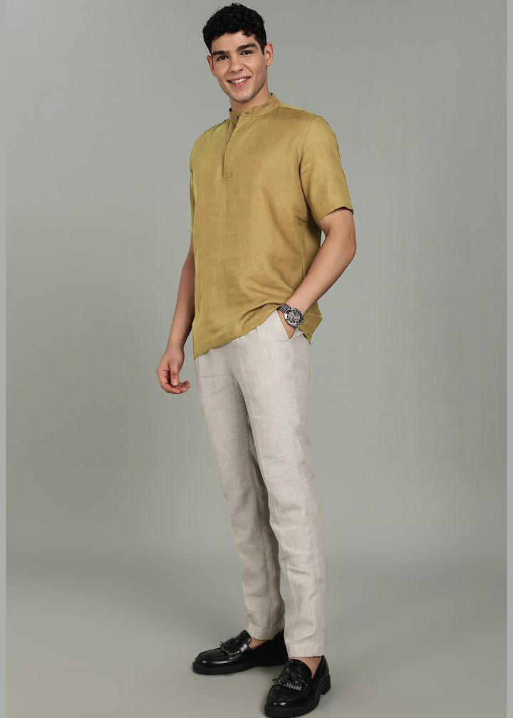 Neo - Pure Linen Shirt with Mandarin Collar & Hidden Placket - Golden Olive Green