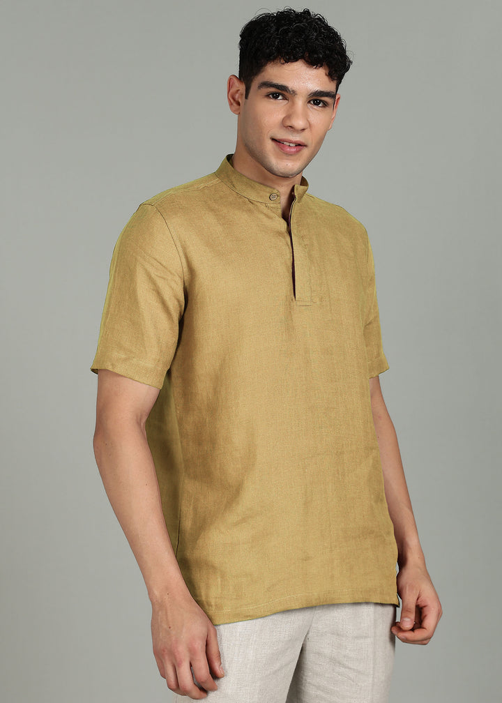 Neo - Pure Linen Shirt with Mandarin Collar & Hidden Placket - Golden Olive Green