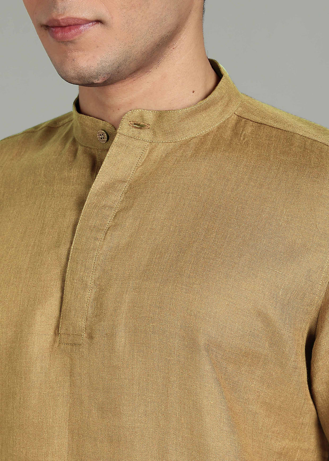Neo - Pure Linen Shirt with Mandarin Collar & Hidden Placket - Golden Olive Green