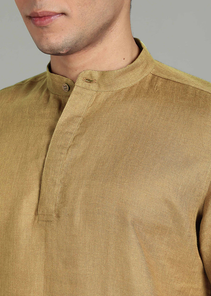 Neo - Pure Linen Shirt with Mandarin Collar & Hidden Placket - Golden Olive Green