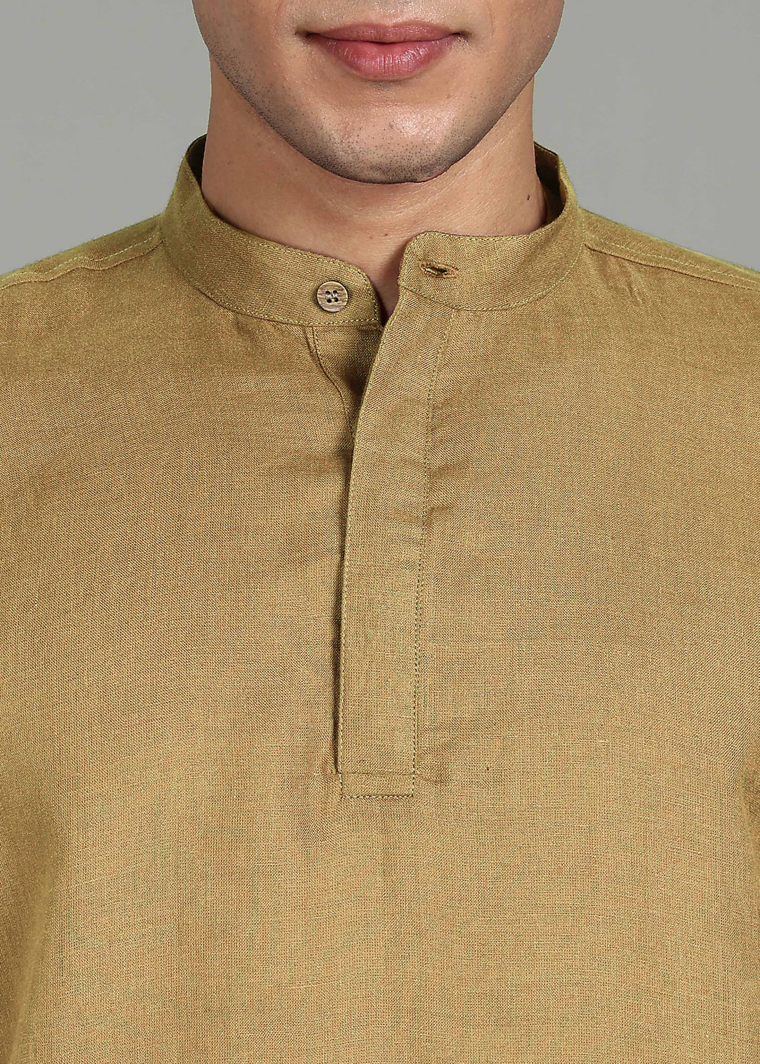 Neo - Pure Linen Shirt with Mandarin Collar & Hidden Placket - Golden Olive Green