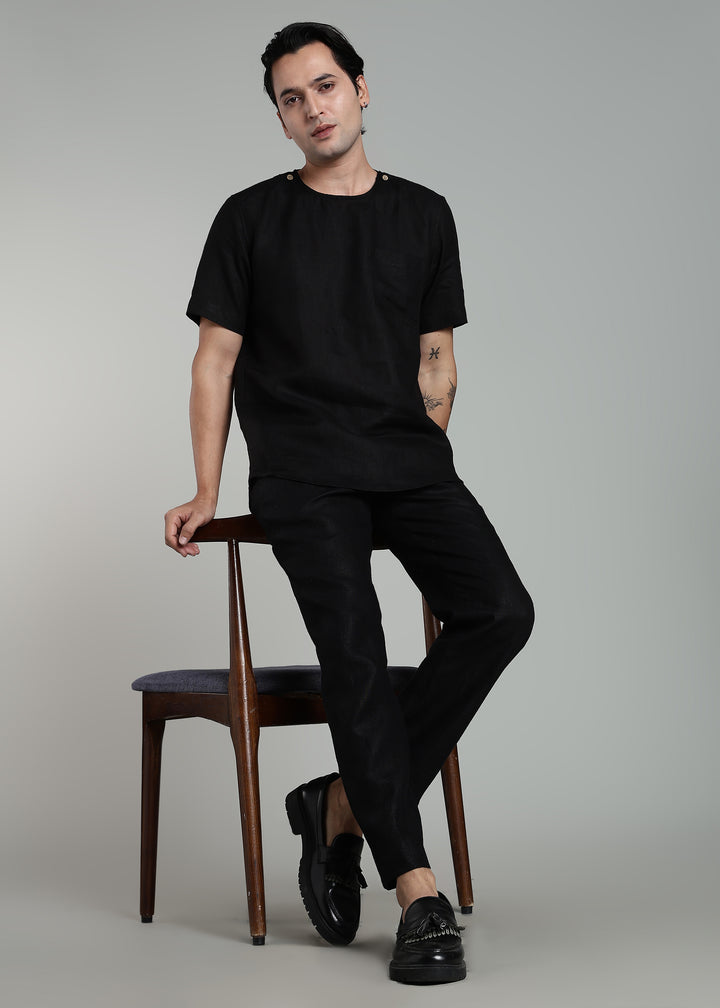 Nero - Pure Linen T-Shirt with Side Double Button Closure – Black
