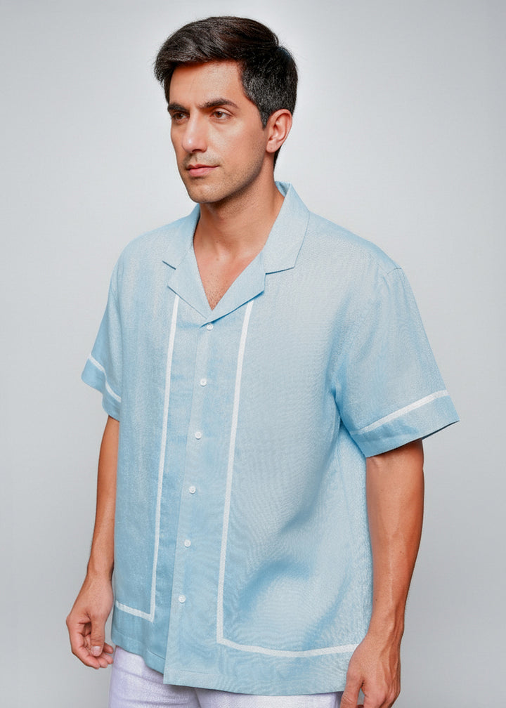 Oasis - Oversized Pure Linen Cuban Collar Short Sleeve Shirt - Sky Blue