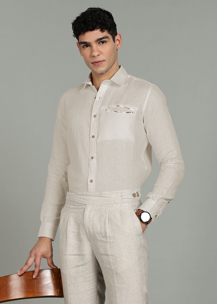 Onyx - Pure Linen Shirt with Printed Inner Collar & Welt Pocket - Ecru