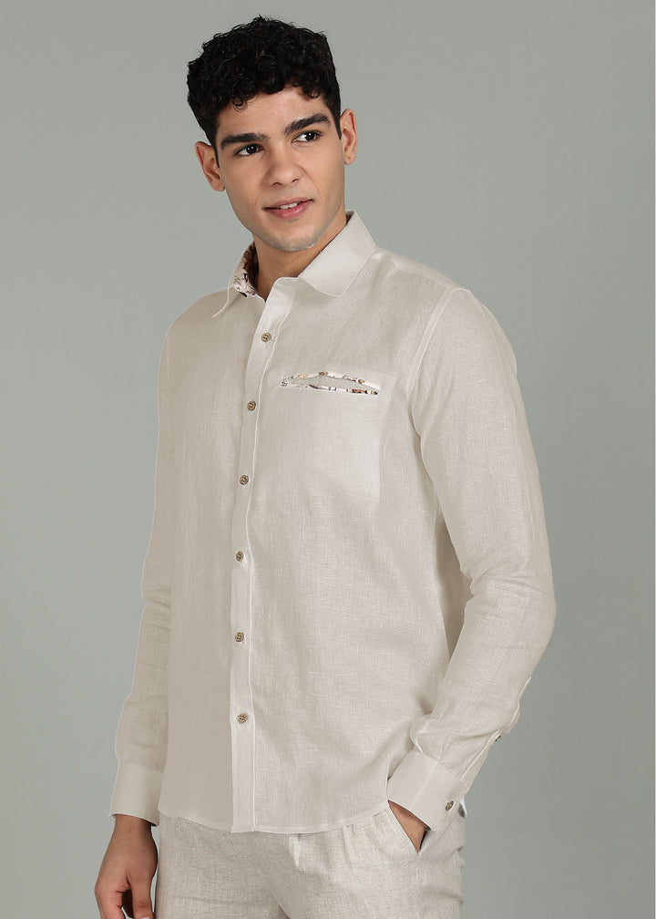 Onyx - Pure Linen Shirt with Printed Inner Collar & Welt Pocket - Ecru